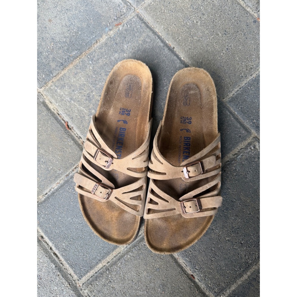 Birkenstock Granby Suede Multi Strap Slide Sandals Tan Rose Gold Buckle Size 39